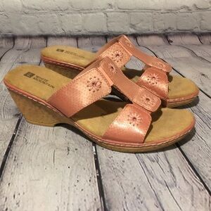 White mountain summer wedges with coral floral and snake print design